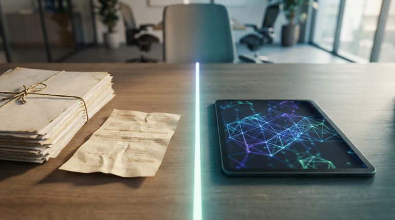 Bureau divisé entre une pile de vieux documents papier et une tablette numérique affichant un réseau connecté futuriste.